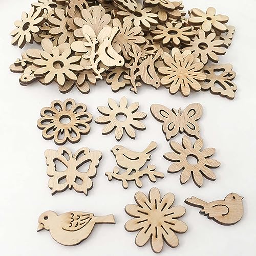 Creaides 100pcs Mini Bird Wood DIY Crafts Cutouts Wooden Bird Flower Butterfly Slices Embellishments Gift Unfinished Wood Ornaments for DIY Projects Creaides