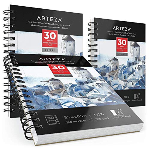 Arteza Watercolor Paper Pad Expert, Watercolor Sketchbook 5.5x8.5 Inch, Pack of 3, 30 Sheets Each, Spiral Bound, 140lb/300gsm Cold Pressed Acid Free ARTEZA