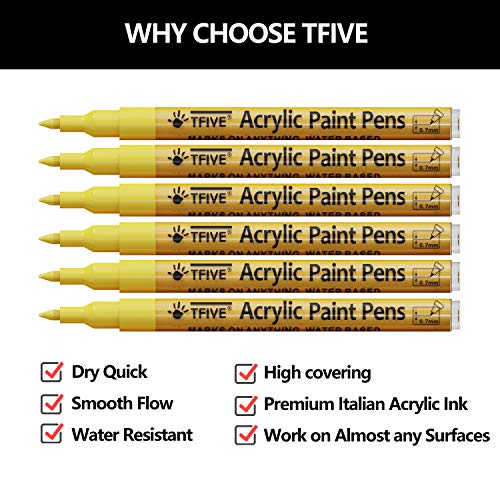 Yellow Marker Paint Pens - 6 Pack Acrylic Yellow Permanent Marker, 0.7mm Extra Fine Tip Paint Pen for Art Projects, Drawing, Rock Painting, Ceramic, TFIVE