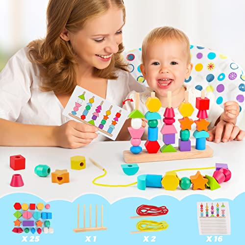 Montessori Wooden Beads Sequencing Toy Set, Stacking Blocks & Lacing Beads & Matching Shape Stacker for 2 3 4 5 Year Old STEM Preschool Learning Hieoby
