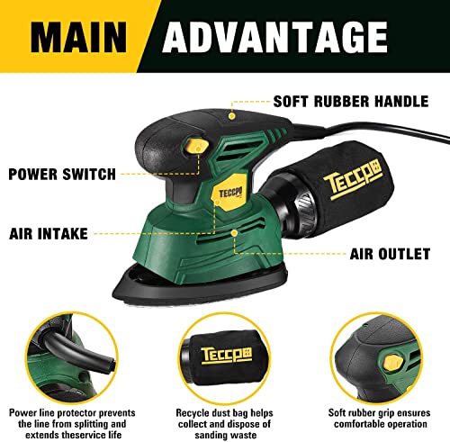 TECCPO Detail Sander, 14,000 OPM Compact Electric Sander with 12Pcs Sandpapers, Efficient Dust Collection System, Multi-Function 1.1Amp Hand Sander TECCPO