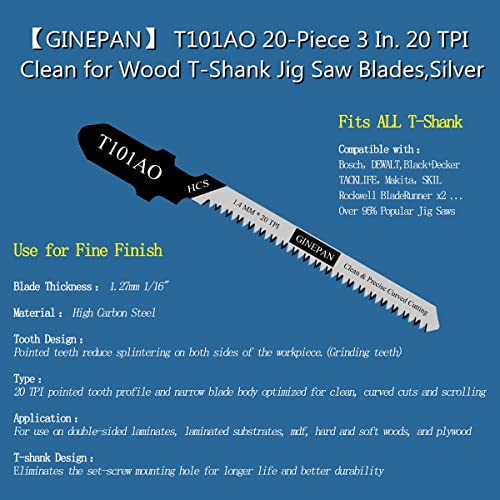 Jigsaw Blades T Shank 20PCS T101AO with Case, Compatible with Dewalt Bosch Black and Decker Jig Saw Blades Set for Wood, 3 in. 20 TPI Curved & GINEPAN