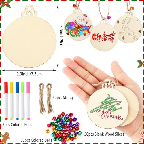 50pcs Christmas Round Wooden Ornaments DIY Unfinished Wood Slices Predrilled Wood Round Circles Blank Discs Hanging Festive Craft Decoration DECYOOL