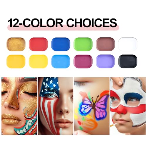 Transon 12colors Face Painting Kit for Kids Adults Non-toxic Water-based Paint with Brushes Stencils and Glitters TRANSON
