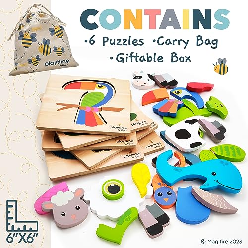 Magifire Wood Puzzles for Toddlers 1-3, Set of 6 Montessori Toys for 1 Year Old, Toddler Puzzles, Baby Puzzles with Large Pieces Safe for Kids, MAGIFIRE