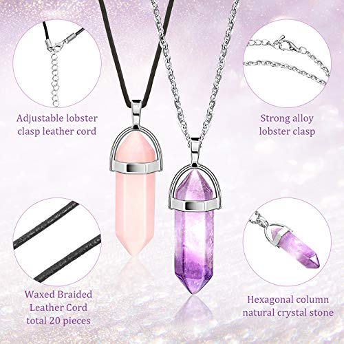 20 Pieces Hexagonal Crystal Necklaces Bullet Shape Gemstone Pendant Necklaces Quartz Stone Chain Necklaces with 20 Inch Chain and 18 Inch Leather Hicarer