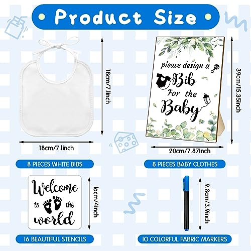 Newwiee 55 Pcs DIY Baby Bibs Set Includes 22 White Feeder Bibs 22 Stencils 10 Fabric Markers 1 Wooden Baby Shower Game Sign, White Bibs Baby Shower Newwiee