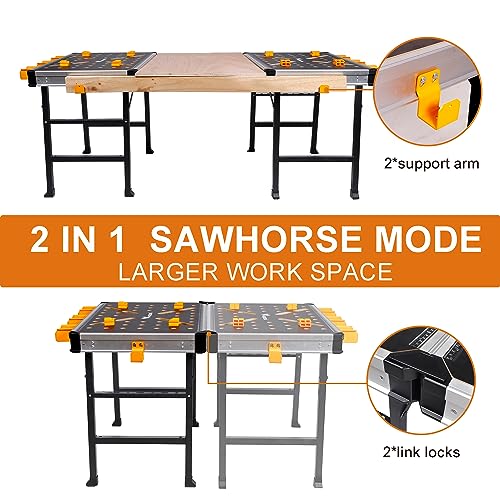 WORKESS Portable Workbench 1000Lbs Capacity Heavy Duty Folding Work Table with 2 Quick Clamps, 4 Bench Dogs, 3 Tool Boxes for Garage Easy Storage WORKESS