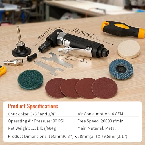BAIWEN 1/4" Right Angle Air Die Grinder - 90 Degree Heavy Duty 20,000 RPM Compressed Sander Polisher Tool for Contour Grinding, Polishing, Milling, Baisiky