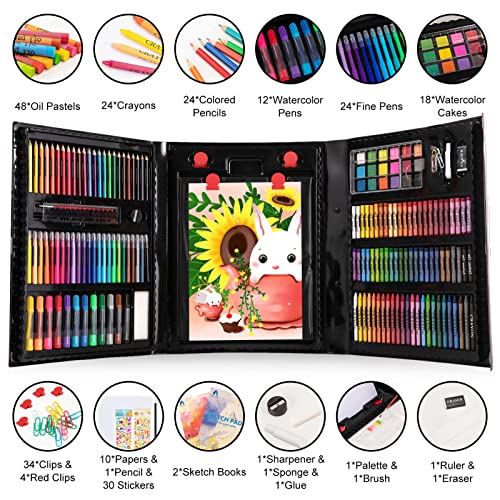 Art Supplies, 240-Piece Art Set Crafts Drawing Kits with Double Sided Trifold Easel, Includes Sketch Pads, Oil Pastels, Crayons, Colored Pencils, VigorFun