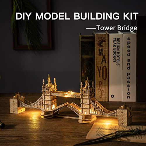 ROBOTIME 3D Puzzle Wooden Craft Kits with LED Light DIY Tower Bridge Construction Model Kit to Build for Teens Brain Teaser Puzzle Home Decor ROBOTIME