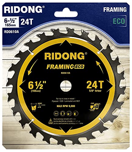 RIDONG 6-1/2 Inch Circular Saw Blade, 24-Tooth with 5/8" Arbor ATB Framing Saw Blade for Cutting Wood (6.5" 1-Pack) RIDONG