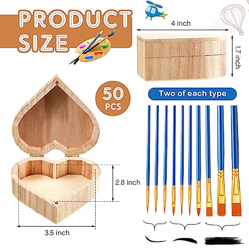 Unfinished Unpainted Wooden Box Treasure Chest with Art Brushes Wood Heart Shaped Natural Pine Box Wooden Heart Box with Hinged Lid for DIY Art Craft Taiyin