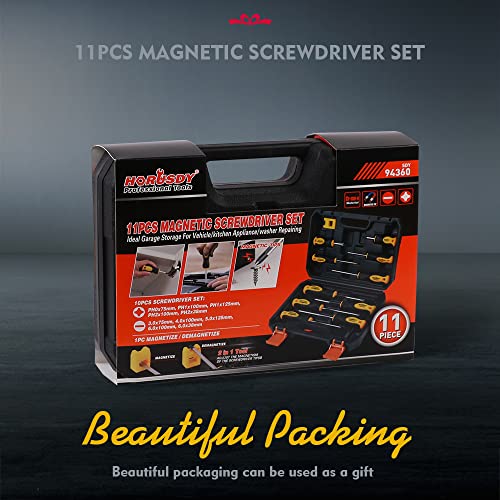 HORUSDY 11-piece Magnetic Screwdriver Set with Case, 5 Phillips & 5 Flat Head Tips with Magnetizer demagnetizer Precision Screwdriver Set HORUSDY