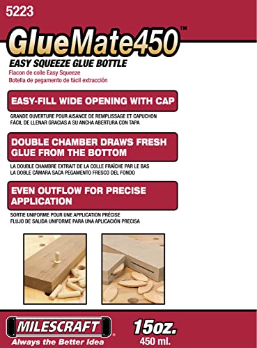 Milescraft 5223 Glue Mate 450-15oz. (450ml) Precision Wood Glue Bottle - Anti-Drip - Dowel and Biscuit Tips Included - Easy Flow Multi-Chamber Design Milescraft