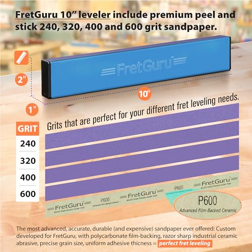 FretGuru Sanding Beam Fret Leveler – (10" ~250mm) Professional guitar luthier leveling file includes 100, 240, 320 Grit Peel and Stick Sandpaper and FretGuru