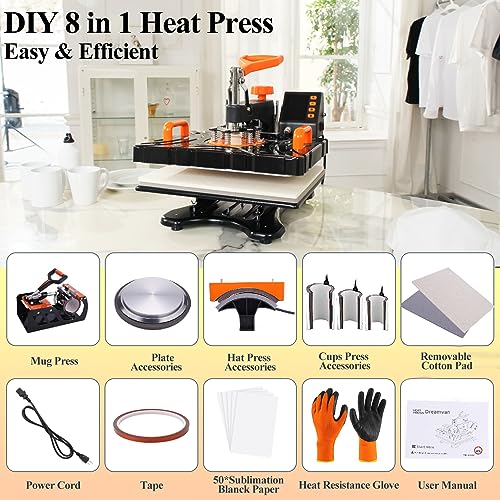 Heat Press Machine for T Shirts 12x15, 8 in 1 Heat Press, 850W Sublimation Machine, 360° Rotation Swing-Away Plate Heatpress, DIY Tumbler Heat Press, AKEYDIY