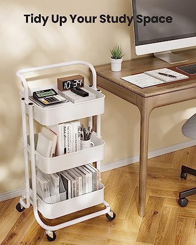 Pipishell 3 Tier Mesh Utility Cart, Rolling Metal Organization Cart with Handle and Lockable Wheels, Multifunctional Storage Shelves for Kitchen Pipishell