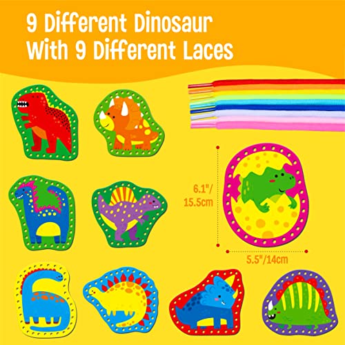 9 Pieces Kids Lacing Cards, Double Sided Sewing Cards in 9 Dinosaurs with 9 Colorful Laces, Imagination Development Lacing Toys Games for Children SpriteGru