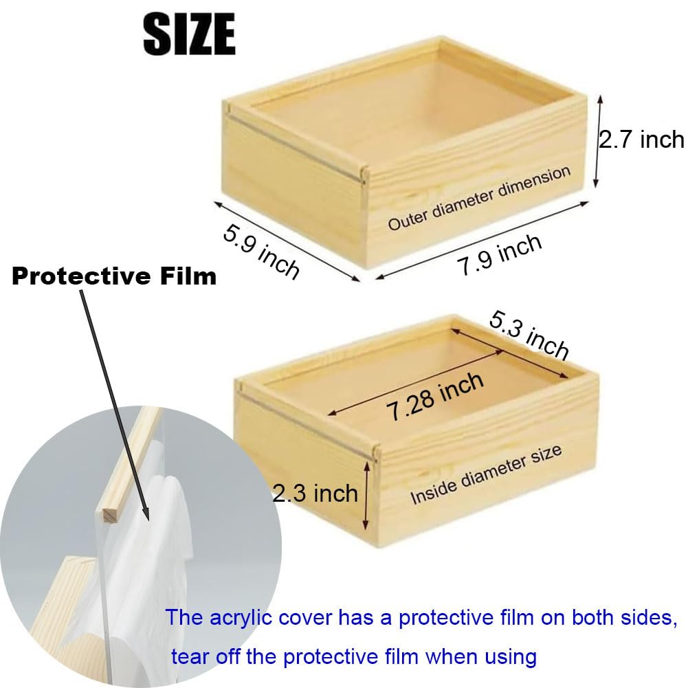 YCOSAN 2 Pack Unfinished Wood Boxes - 7.9 x 5.9 x 2.7 Inch Wood Boxes, Wooden Boxes for Crafts, Large Craft Wooden Box with Sliding Transparency Lid YCOSAN