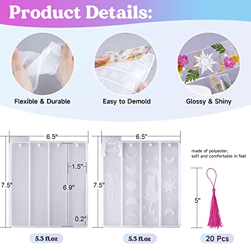LET'S RESIN Bookmark Resin Molds Silicone 1.5'' Wide, Blank and Cat Moon Pattern Silicone Bookmark Molds Kit with 20pcs Tassels, Rectangle Bookmark LET'S RESIN