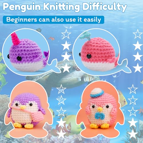 kgxulr Animal Crochet Kit, Knitting Kit for Beginner, Pink Penguin & Purple Whale Crochet Starter Kit for Complete Beginners Adults, Crocheting kgxulr