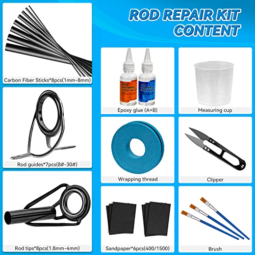 THKFISH Fishing Rod Repair Kit with Carbon Fiber Sticks Rod Tips Repair kit Rod Eyelet Replacement kit Pole Repair Kit Complete for Rod Building THKFISH