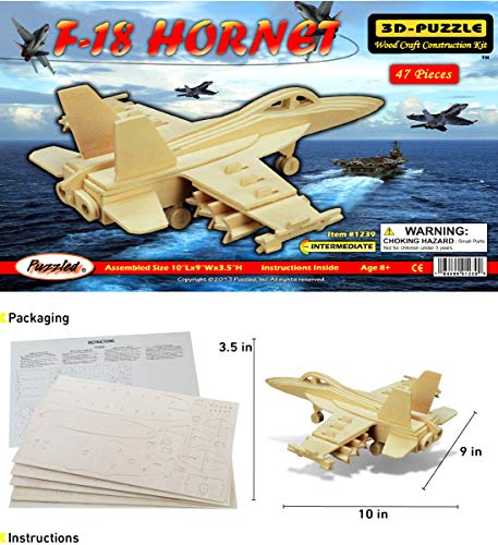 Puzzled 3D Puzzle F-18 Hornet Aircraft Jet Wood Craft Construction Kit Fun & Educational DIY Wooden Toy Assemble Model Unfinished Craft Hobby Puzzled