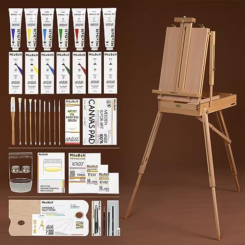 MEEDEN Oil Painting Set with French Easel,Oil Paint Set with Easel,7x100ml/3.38oz Oil Paint,Oil Paintbrushes,Canvas & Oil Painting Supplies for MEEDEN