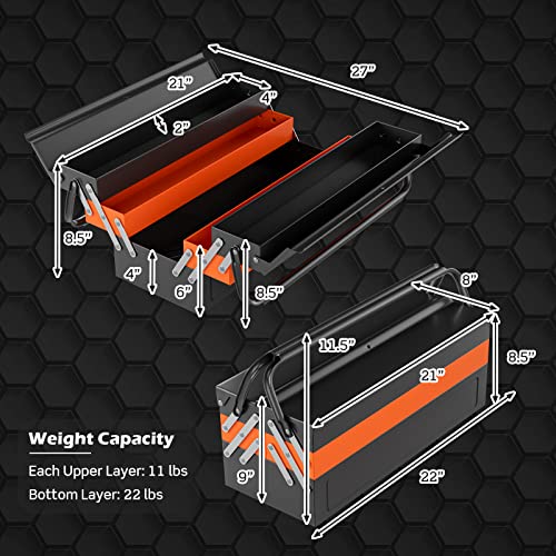 Nightcore 27” x 21” x 8.5” Metal Tool Box, 5-Tray Cantilever Tool Box with 3 Levels Fold Out Organizer Storage, Portable Folding Tool Organizer with Generic
