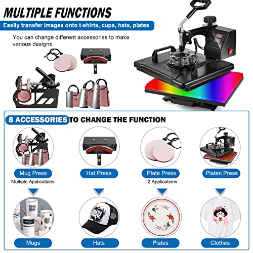 TOPDEEP 8 in 1 Heat Press Machine 12x15 inch, Combo Swing Away T Shirt Pressing Machine, Sublimation Heat Press Transfer Machine for T-Shirt Hat Cap Topdeep