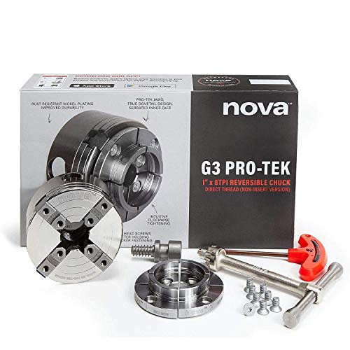 NOVA 48291 PRO-TEK G3 1" X 8 TPI Direct Thread Wood Turning Nickel Plated Chuck and Laser Etched Jaw Set with T Bar Wrench and 6 Point Star Fasteners Nova