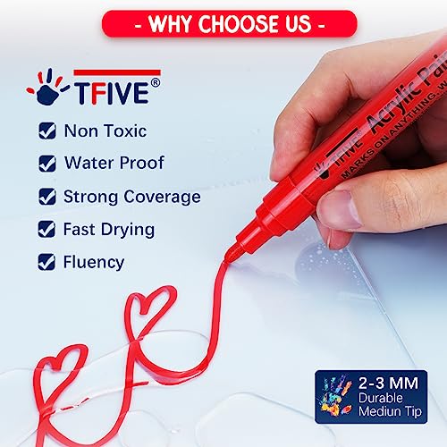 TFIVE Paint Markers Paint Pens - 12 Color Premium Medium Point Acrylic Paint Marker Pens for Rocks Painting, Metal, Ceramic, Glass, Wood, Fabric, TFIVE