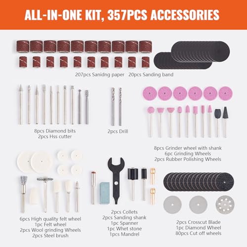 VEVOR 357PCS Rotary Tool Accessories Kit, 1/8" Diameter Shank Power Rotary Tool Accessories Set, Universal Fitment Electric Tool Accessories for VEVOR