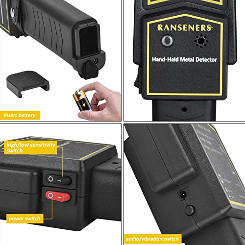 Handheld Metal Detector Wand,Security Wand,Portable Adjustable Sound & Vibration Alerts, Detects Weapons Knives Screw (High Sensitivity, Black) R RANSENERS