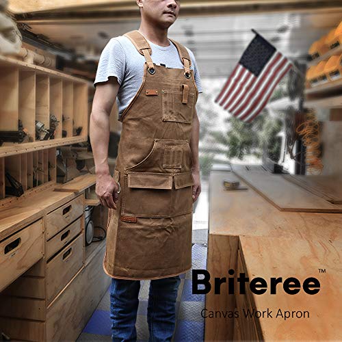 Briteree Woodworking Apron for Men, Gifts for Woodworker, with 9 Tool Pockets, Durable Waxed Canvas Work Apron Briteree