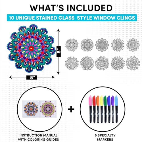 Hula Home Stained Glass Mandala Art Kit - DIY Window Clings with Markers, 10 Suncatchers - Perfect Hobby for Adults, Kids, Teens & Seniors - Ideal Hula Home