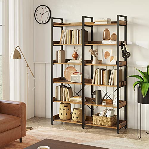 Seventable 6-Tier Rustic Brown Industrial Bookshelf with Hooks and Open Shelves Seventable