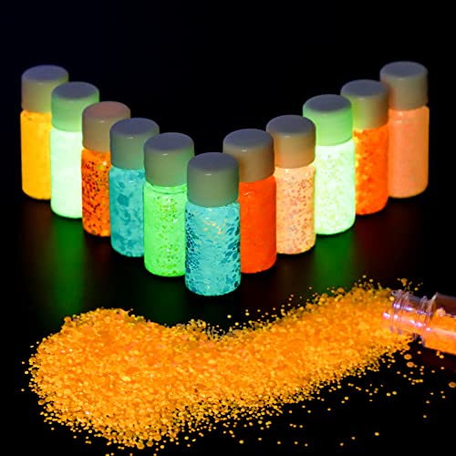 Glow in The Dark Glitter, SEISSO 12 Bottles Luminous Glitter with UV Flashlight Set, 10g/Bottle Chunky Glitter Powder for Resin Arts Crafts, Body SEISSO