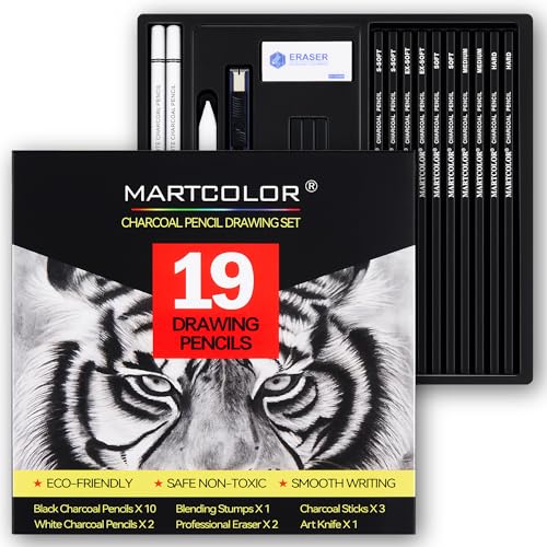 MARTCOLOR Charcoal Drawing Set, 19 Pieces, Black & White Charcoal Pencils for Drawing, Sketching, Shading, Blending, Artist Pencils for Beginners & MARTCOLOR