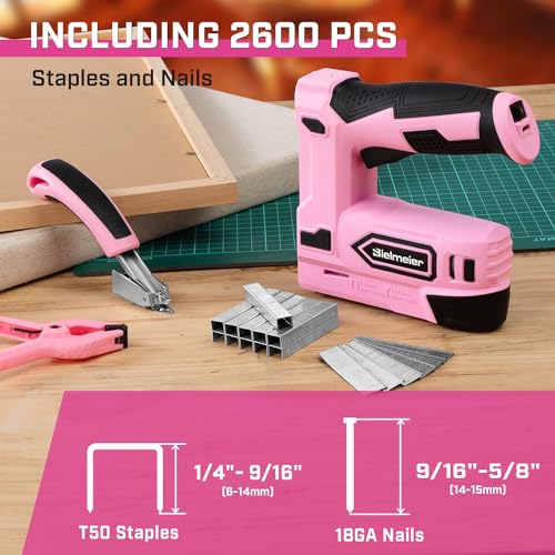 Bielmeier Pink Cordless Staple Gun, 2-in-1 Nail Gun Battery Powered with 2600Pcs Staples and Nails, 4V Brad Nailer Tacker Electric Stapler for BIELMEIER