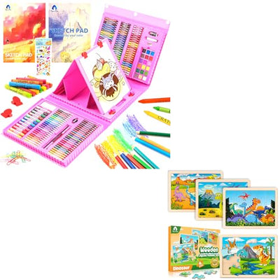 240 Piece Art Set & 4 Pack Wooden Dinosaur Puzzles for Kids