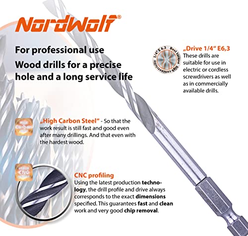 NordWolf 12-Piece Brad Point Wood Drill Bit Set for Carpenter Woodworking, Double Flutes Design with 1/4" Hex Shank, SAE Sizes 1/8" to 1/2" NordWolf