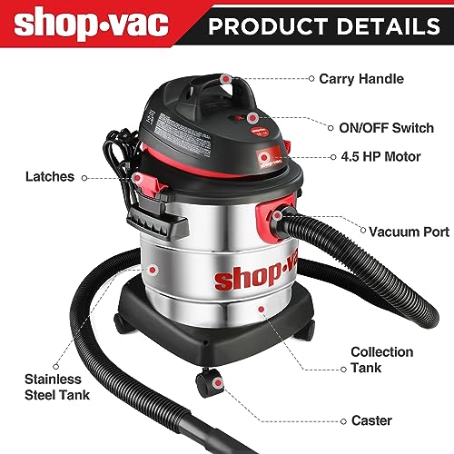 Shop-Vac 5 Gallon 4.5 Peak HP Wet/Dry Vacuum, Stainless Steel Tank, Portable Shop Vacuum with Attachments for Jobsite, Garage & Workshop. 5989300 Shop-Vac