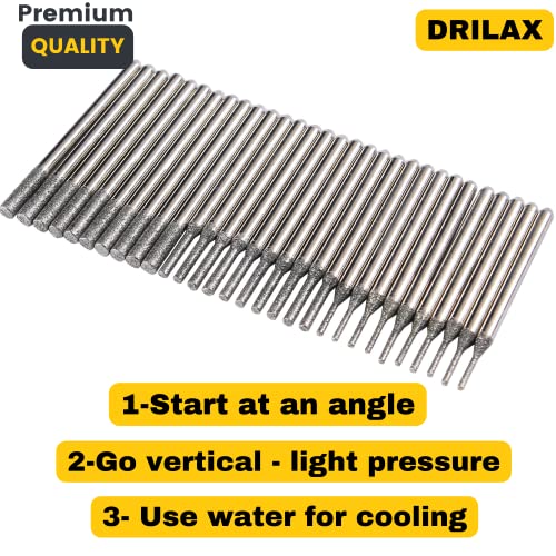 Diamond Drill Bits 1mm 2mm 3mm 30 pcs Diamond Jewelry Drill Bits for Sea Glass Shells Gem Stones Lapidary Equipment Compatible with Dremel Diamond DRILAX