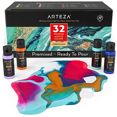 ARTEZA Acrylic Pouring Paint, Set of 32, 2oz Bottles, Assorted Colors, High Flow Paint, No Mixing Needed, Art Supplies for Pouring on Canvas, Glass,