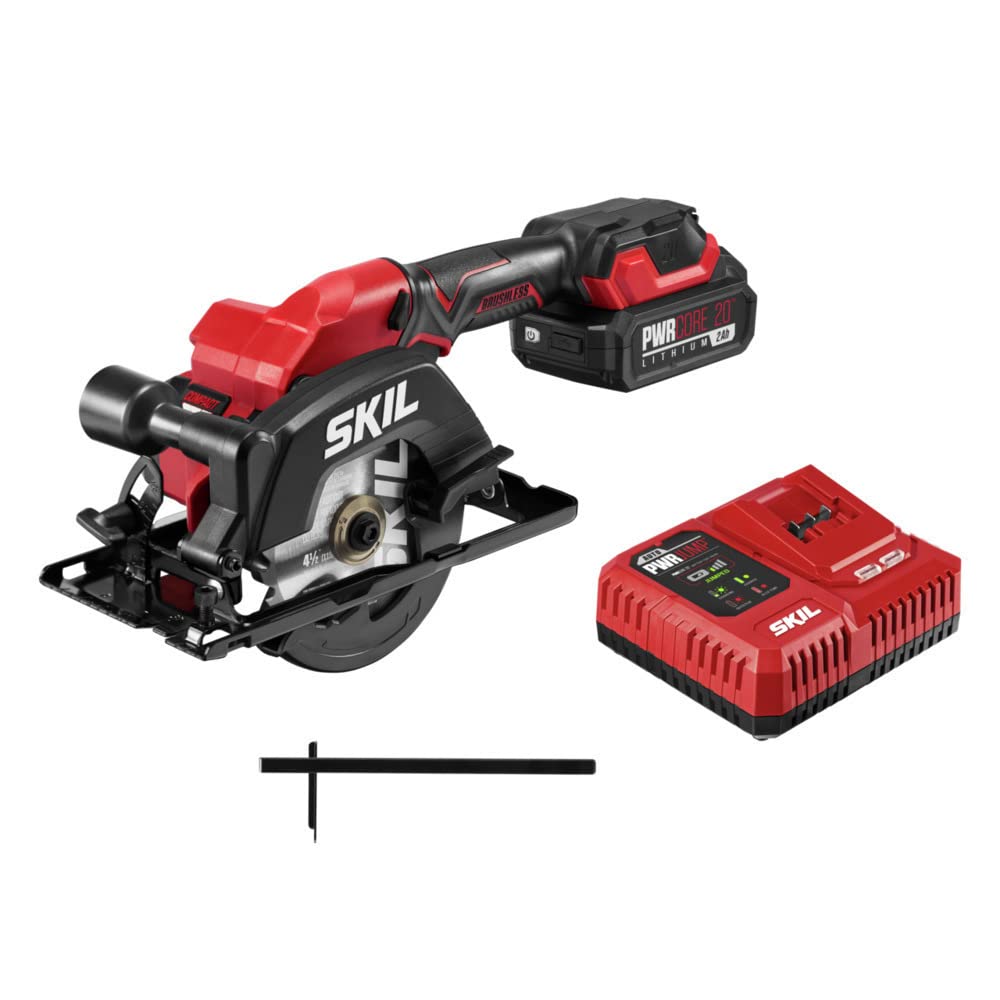 SKIL PWRCORE 20 Brushless 20V 4-1/2 In. Compact Lightweight One-hand Circular Saw Kit with Up to 6,000 RPM Includes 2.0Ah PWR CORE 20 Lithium Battery Skil