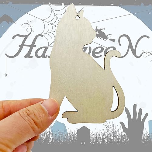 30pcs Unfinished Cat Wood DIY Crafts Cutouts Wooden Cat Shape Cutouts Blank Hanging Ornaments for Pets Themed Birthday Halloween Christmas Party JEKEJIAJIU