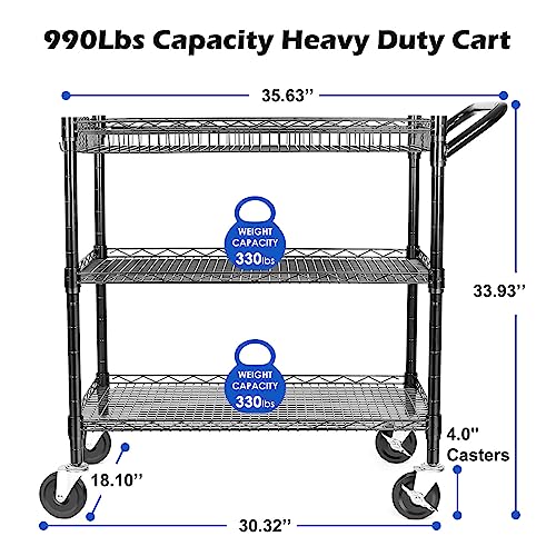 WDT 990Lbs Capacity Heavy Duty Rolling Utility Cart, NSF Rolling Carts with Wheels,Commercial Grade Metal Cart with Handle Bar & Shelf Liner,Trolley WDT