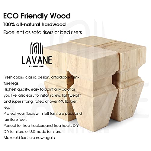 La Vane 6 inch / 15cm Wooden Furniture Legs, Set of 4 Carved Geometry Solid Wood Unfinished Replacement Bun Feet with Mounting Plate & Screws for La Vane
